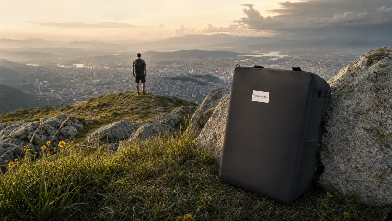 A lone hiker stands on a grassy mountain ridge in late-afternoon light, a compact travel backpack resting on a boulder beside them, with a large city spread across the hazy basin far below.
