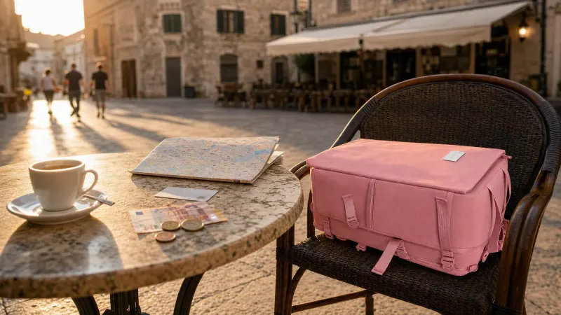 Euro coins, notes and a plain payment card on a sunlit café table in a European square at golden hour, with a compact travel backpack on the chair beside it.