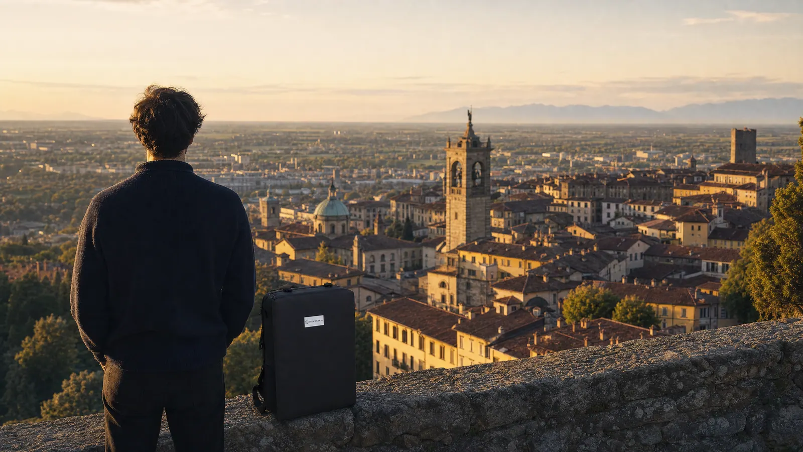 A traveller stands with a compact backpack on Bergamo's old Venetian walls at sunset, looking out over terracotta rooftops toward the hazy Lombard plain.