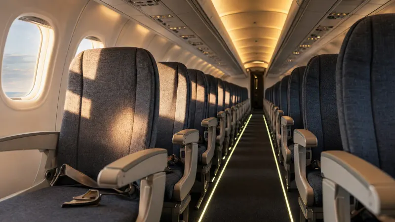 The dimmed aisle of an empty single-aisle airliner cabin at dusk, with floor-level emergency light strips glowing and low sunlight coming through raised window blinds.