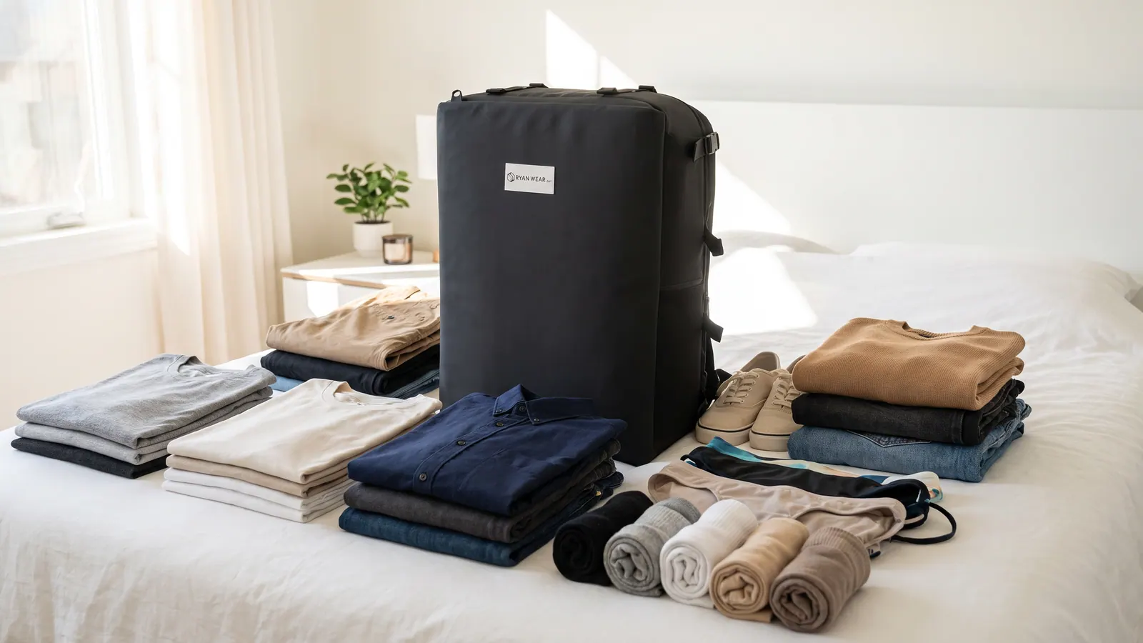 An overhead view of rolled summer clothes, flat shoes, a toiletry pouch and a compact travel backpack arranged on a sunlit wooden floor.