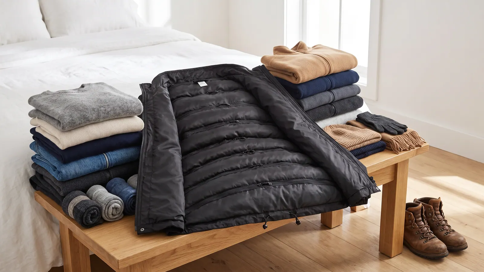 A packing jacket on a light oak bench in a sunlit Nordic bedroom, its inner pockets bulging with folded wool layers beside a pile of cold-weather clothes and hiking boots.