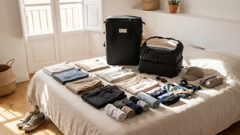A compact travel backpack on a sunlit bed, surrounded by a neatly laid out week of summer clothing, swimwear, a toiletry pouch and a spare pair of shoes.