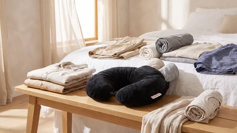 A compression neck pillow on a pale oak bench in a sunlit bedroom, surrounded by a full outfit's worth of rolled summer clothes.