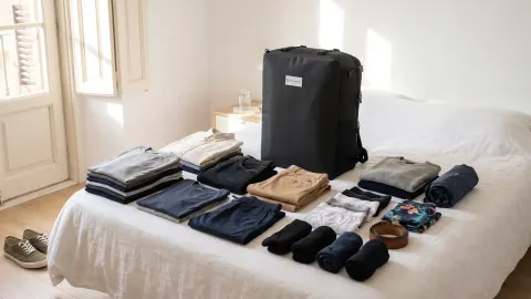A compact travel backpack on a white-linen bed in a sunlit bedroom, surrounded by a week's worth of neatly folded clothes and a spare pair of shoes.