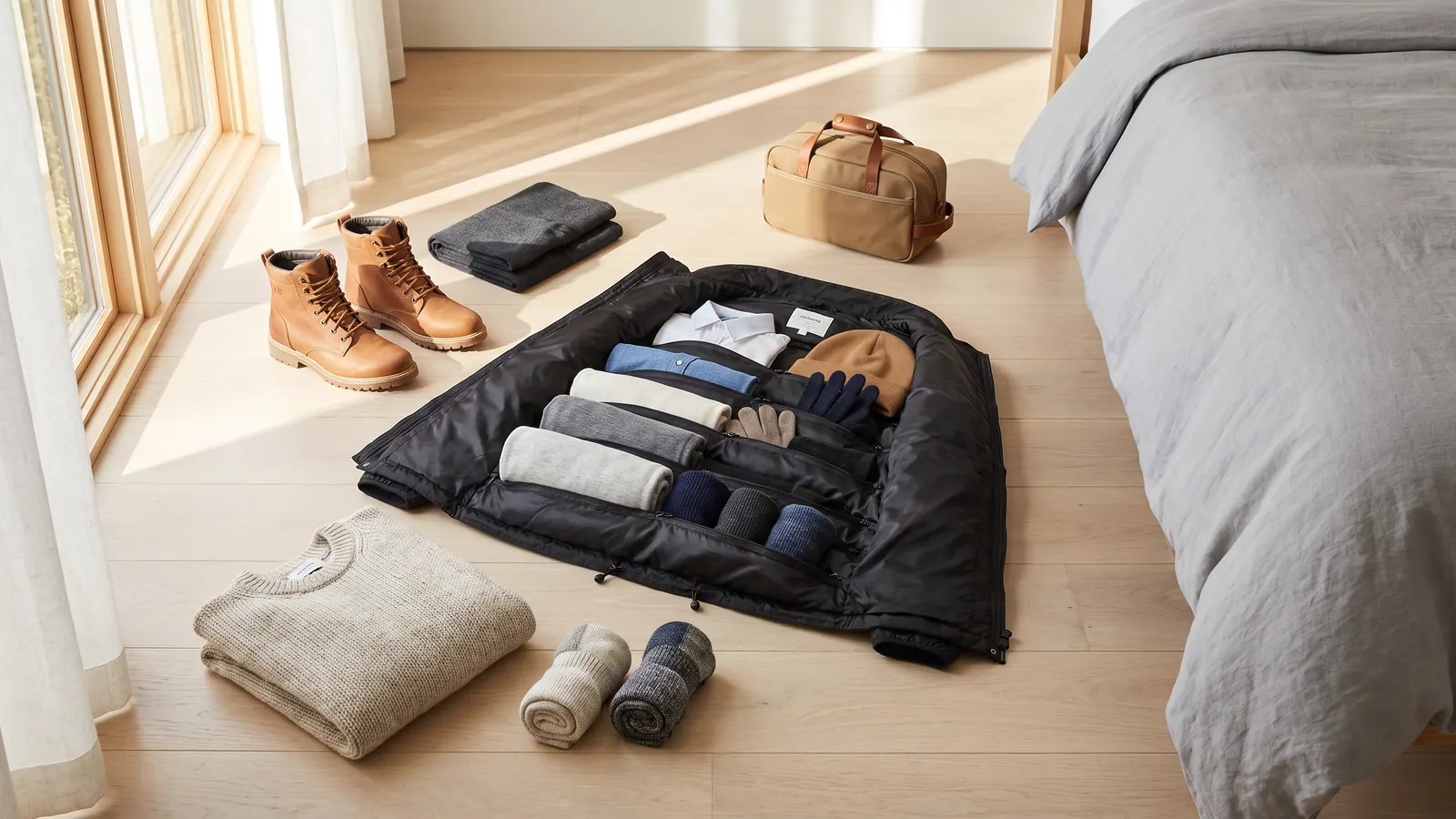 A packing jacket sits centre-frame on a sunlit bedroom floor with its inner pockets bulging with folded clothes, surrounded by a knit jumper, rolled wool socks, winter boots and a small under-seat bag.