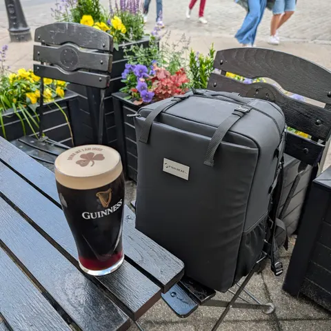 First stop off the plane? Not the hotel. The pub. 🍺

Our compression backpack found a seat, a pint of Guinness, and abs